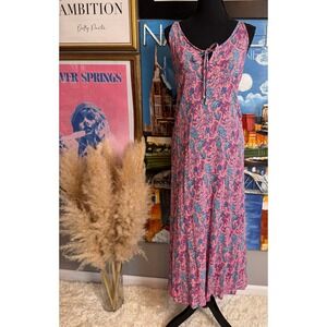 Simply Southern Pink Blue Seahorse Print Cotton Crinkle Gauze Maxi Dress Medium